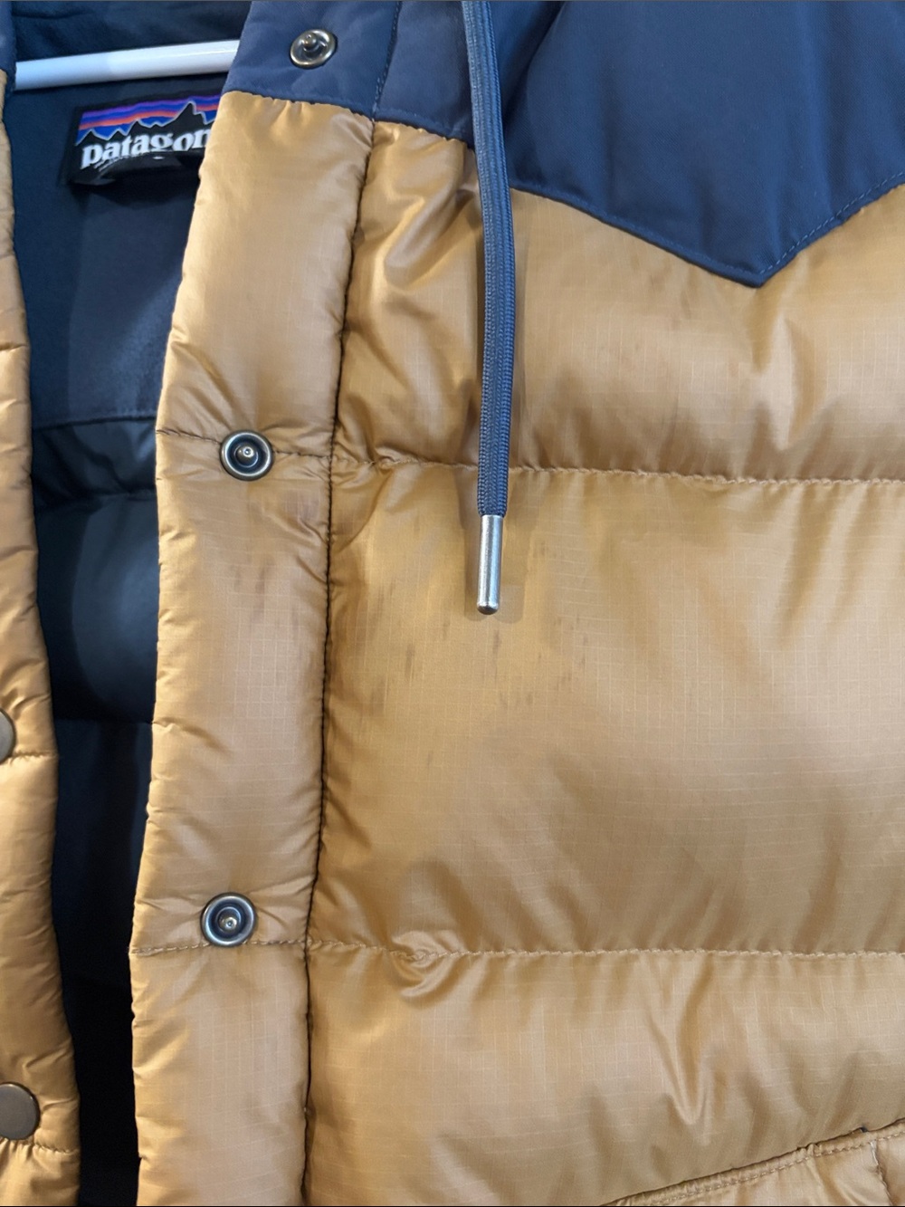 Patagonia Tan and Navy Hooded Puffer Vest - Picture 10 of 10
